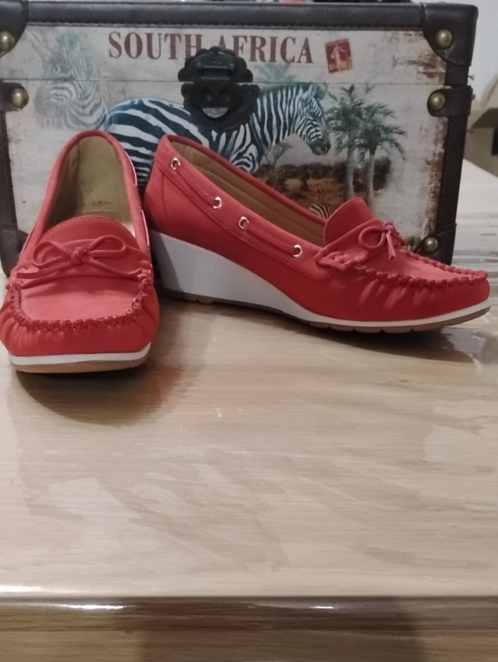 Coral Slip-On Moccasin Wedge Loafers with Bow Accent